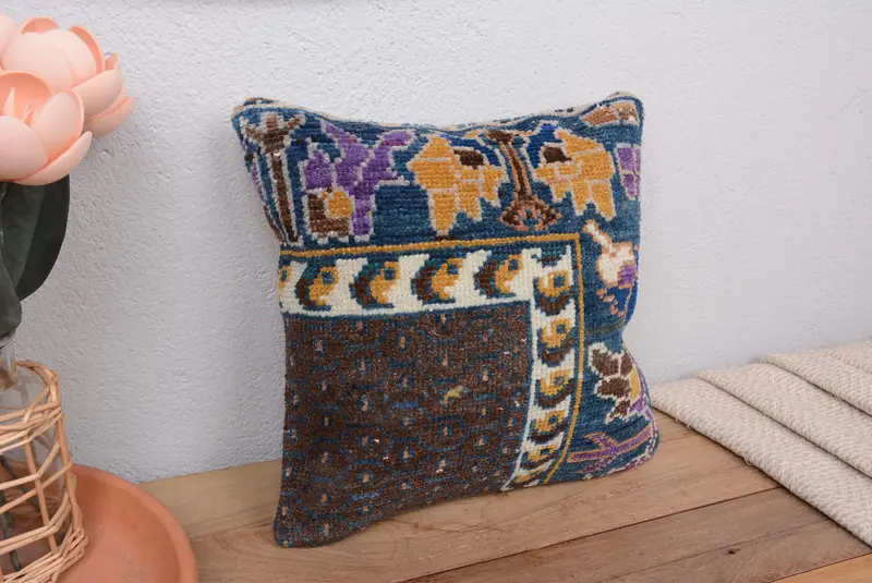 Blaues südwestliches besticktes Kissen, 12x12 Vintage Wurfkissen