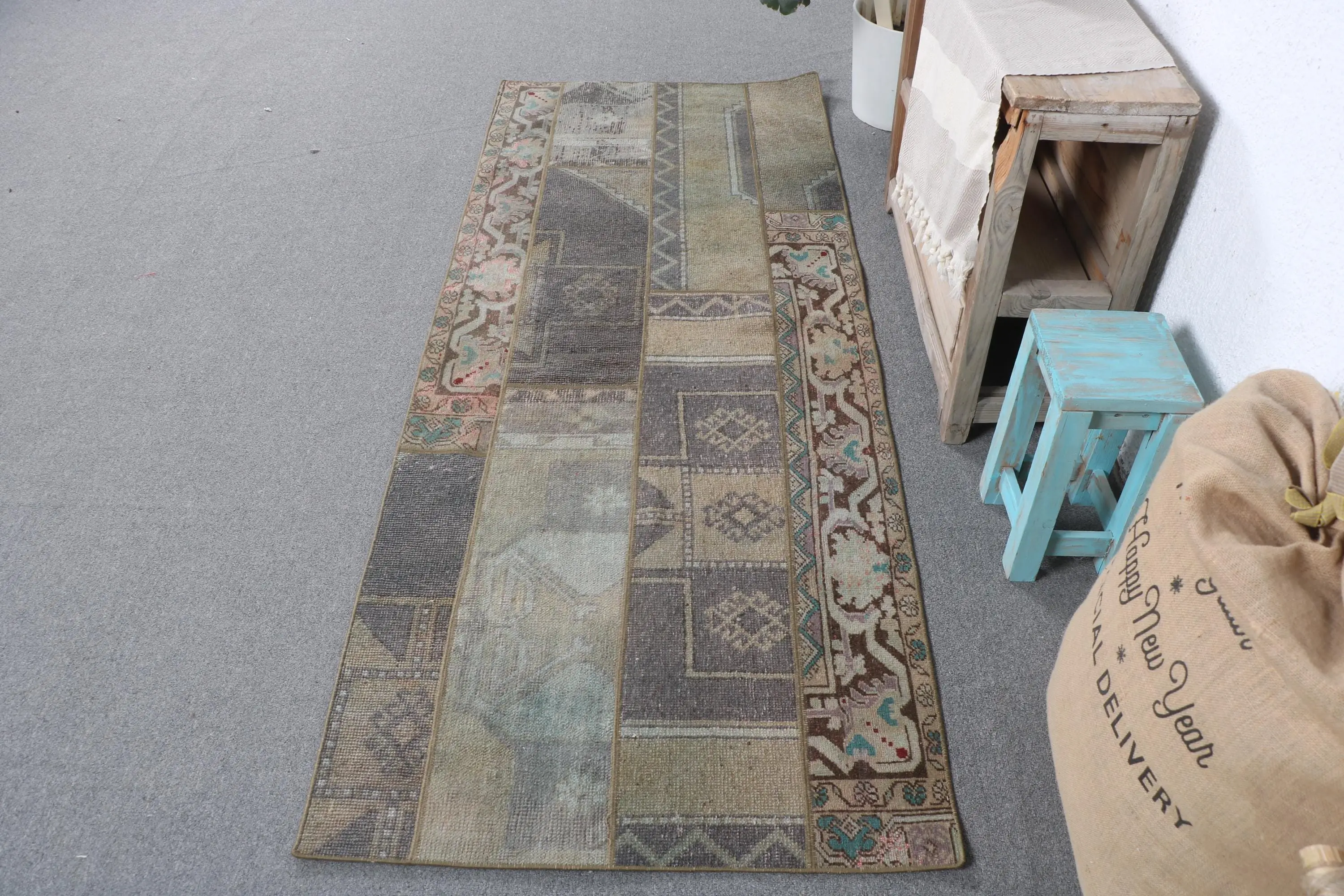 Turkish 2.7x6.9 ft Rug, Vintage Rug, Brown Striped Wool Rug - 1
