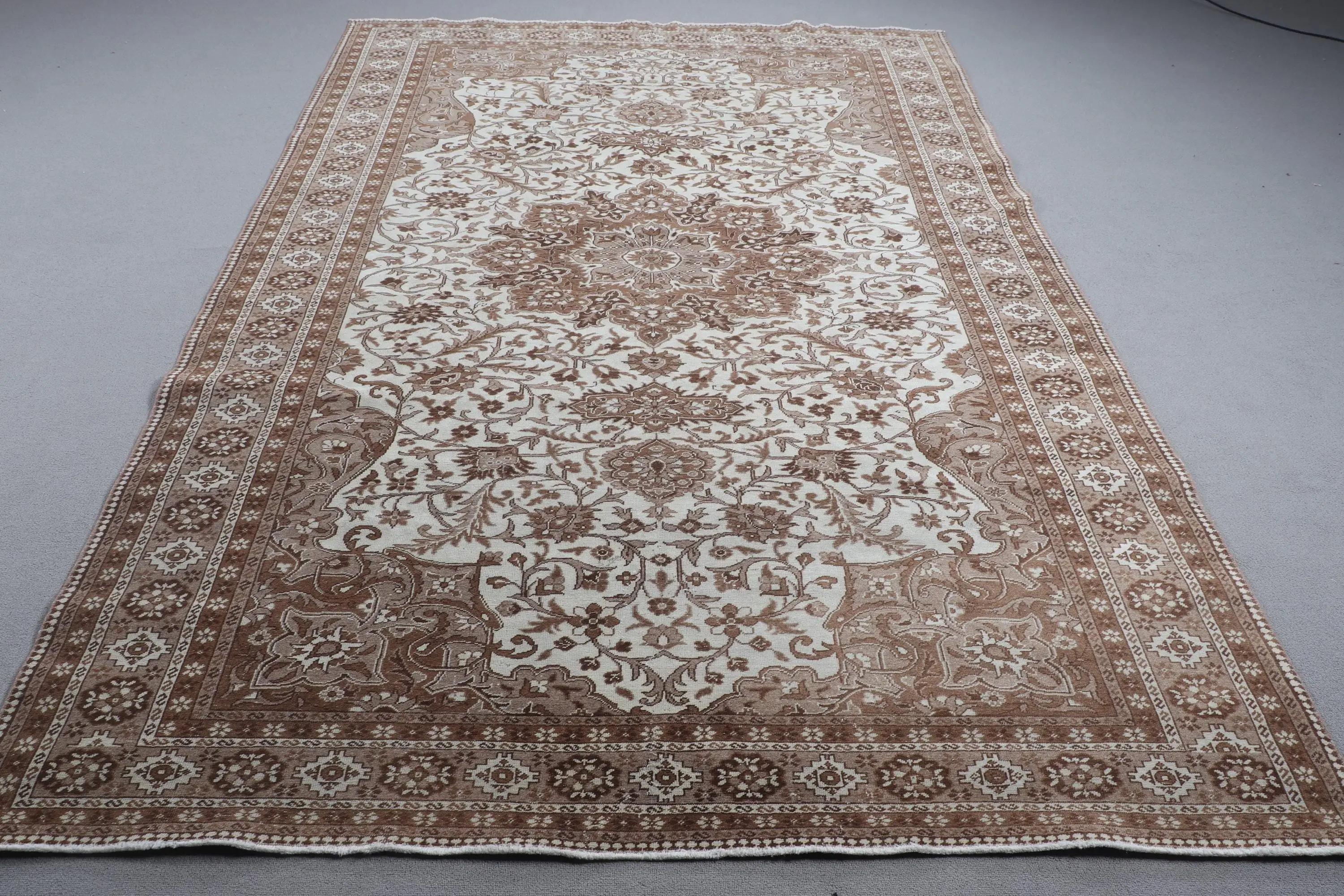 Turkish Vintage Rug, 6.4x9.5 ft Large Rug, Brown White Southwestern Wool Rug - 1