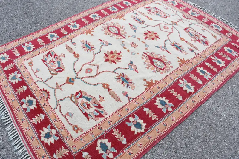 Vintage Oushak Halı 5.7x8.1 ft (173x248 cm), Kırmızı Çiçekli Türk Halısı - 1