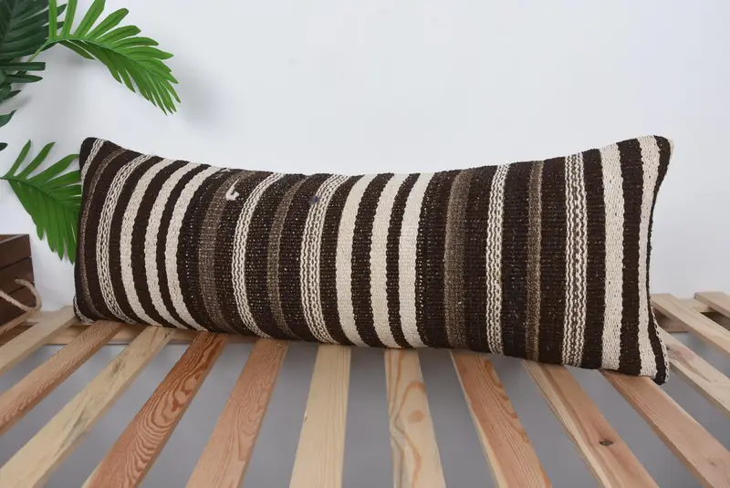 Knitted Cushion Case, Turkish Pillow, 12x36 Brown Pillow Case, Vintage Kilim Throw Pillow, Handmade Kilim Cushion, Knitted Pillow Sham, Cushion Case - 5