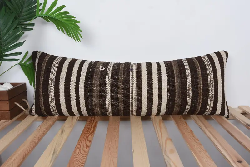 Knitted Cushion Case, Turkish Pillow, 12x36 Brown Pillow Case, Vintage Kilim Throw Pillow, Handmade Kilim Cushion, Knitted Pillow Sham, Cushion Case - 1