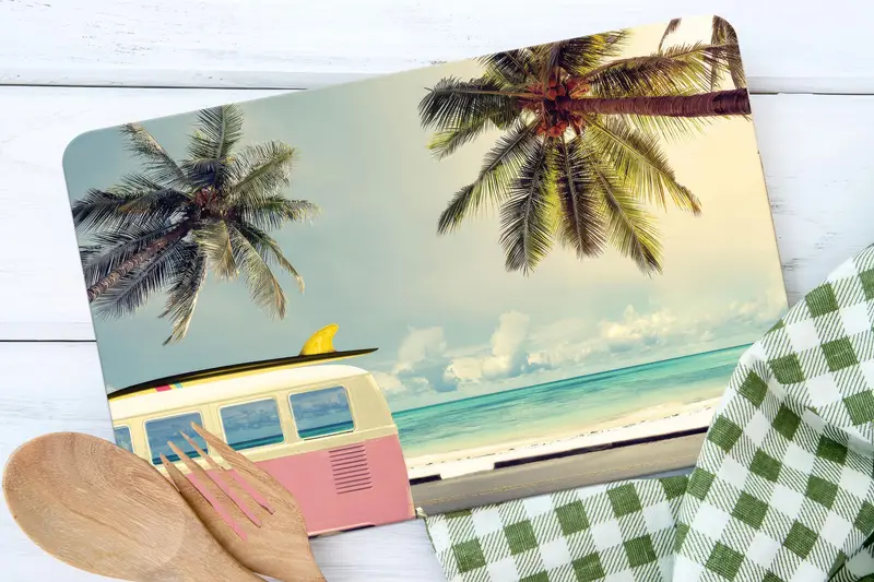 トロピカルパラダイス ココナッツの木デザインのガラスカッティングボード