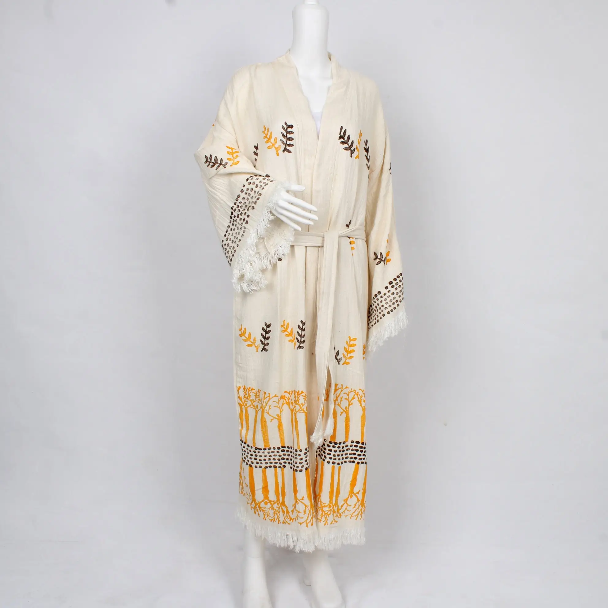 Personalized Muslin Kimono Floral Patterned Bathrobe Beige Yellow, M/L - 1