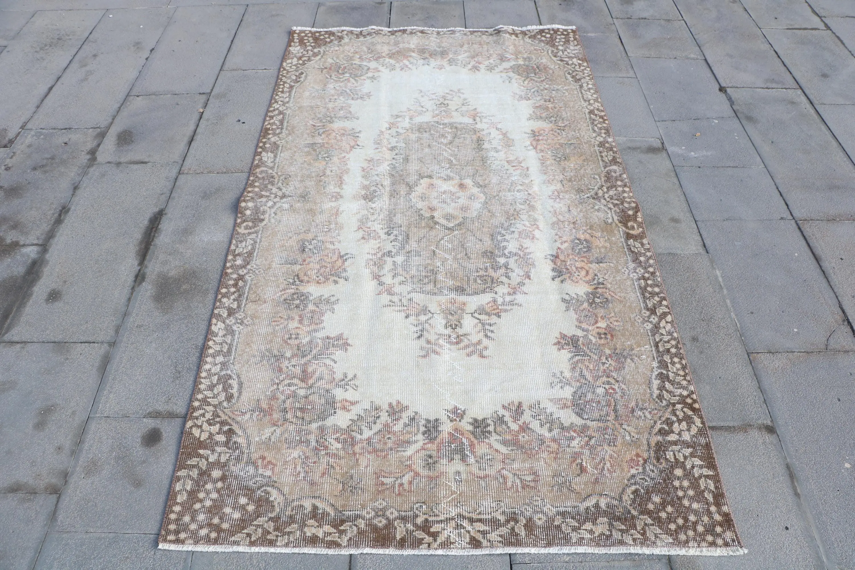3.7x6.7 ft Rug, Turkish Rug, Vintage Brown Wool Ombré Rug - 1