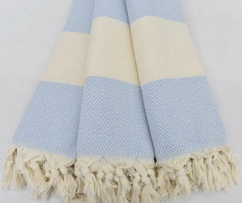 Beach Towel Monogrammed Turkish Cotton Baby Blue Herringbone, 70x40 Inches