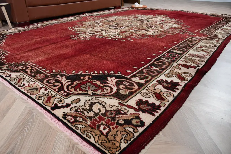 6.7x10.2 ft Halı, Türk Vintage Halısı, Oushak Kırmızı Patchwork Halı - 1