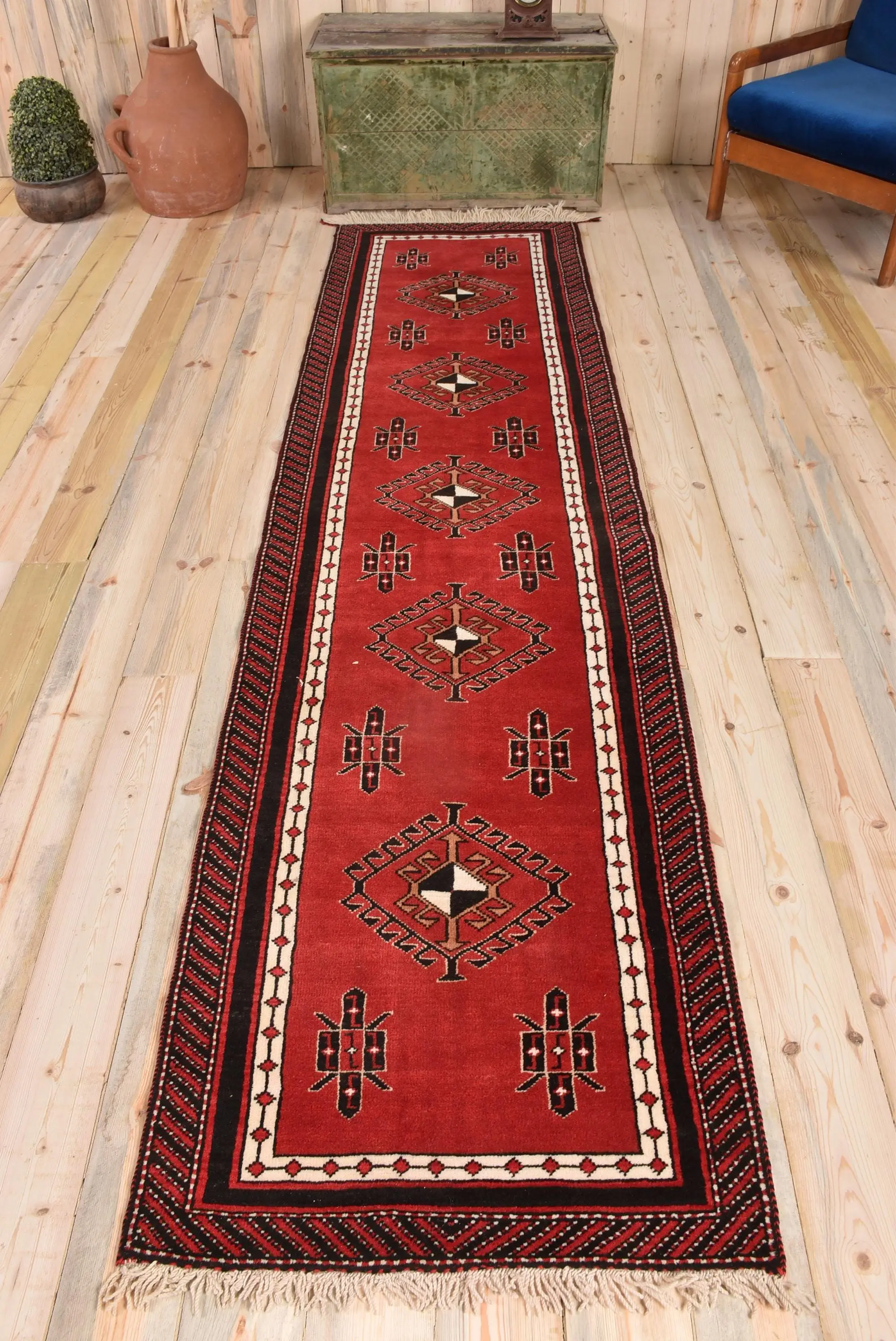 Vintage Turkish Rug, 2.5x9.8 ft Runner Rug, Red Floral Rug - 1