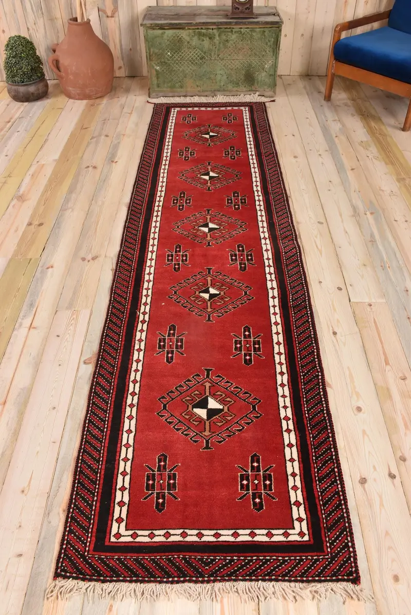 Kırmızı Çiçekli Halı, 2,5x9,8 ft Zarif Dekor