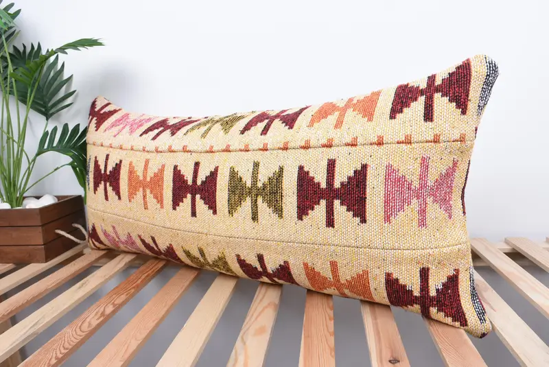 Pillow Sham, Vintage Cushion Case, Boho Pillow, Interior Designer Pillow, 16x36 Beige Cushion Cover, Ethnical Kilim Rug Pillow - 5
