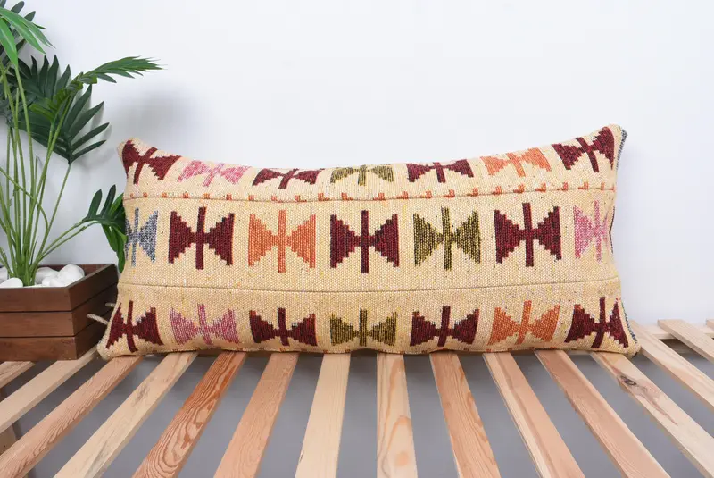 Pillow Sham, Vintage Cushion Case, Boho Pillow, Interior Designer Pillow, 16x36 Beige Cushion Cover, Ethnical Kilim Rug Pillow - 1