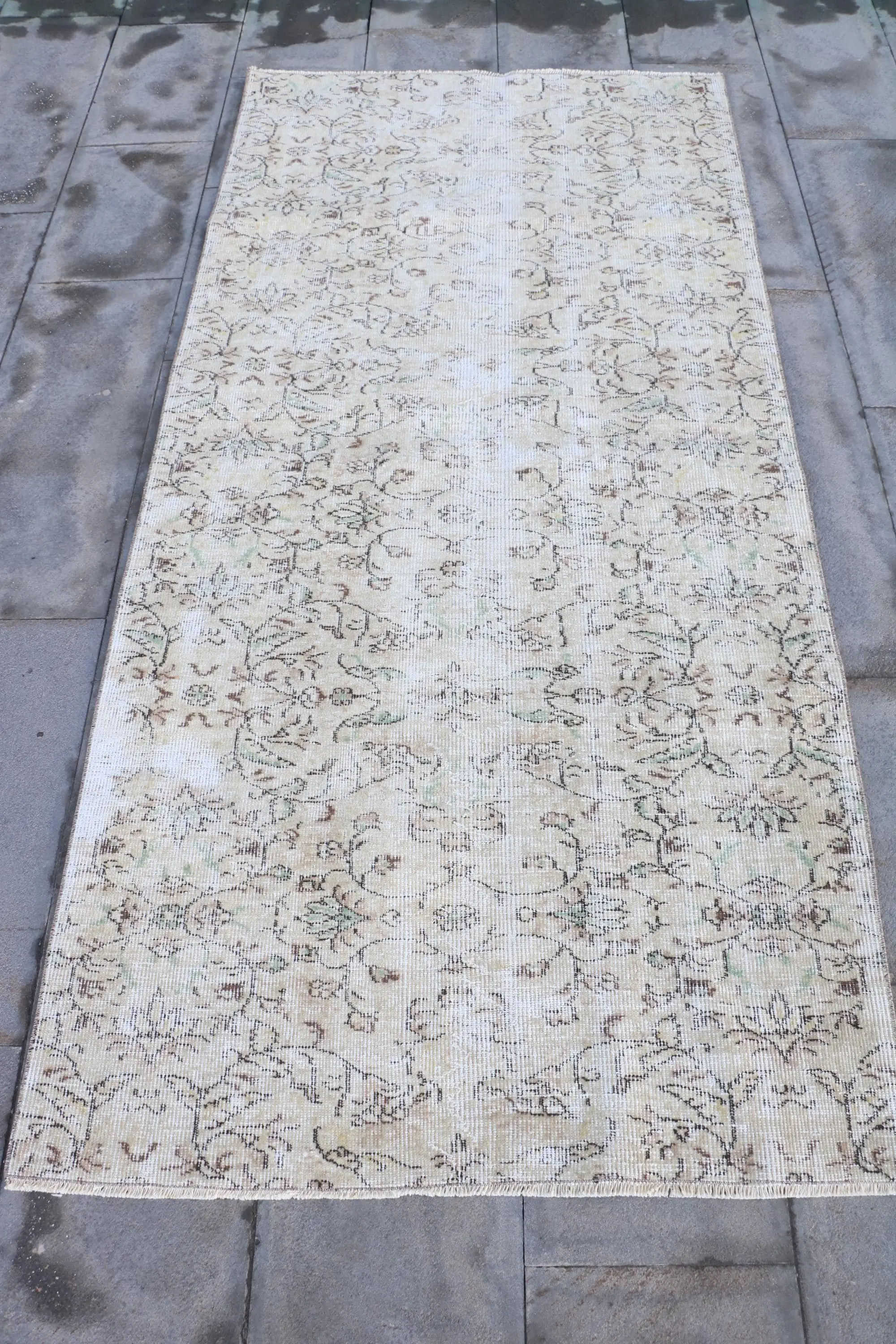 Vintage Rug, 3.4x7.3 ft Area Rug, White Brown Wool Rug - 1