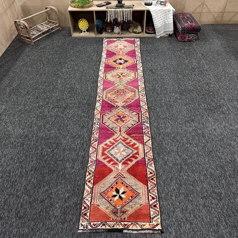 2,3x12,1 ft türkischer Herki Teppich, Vintage Teppich, roter Wollteppich - 1