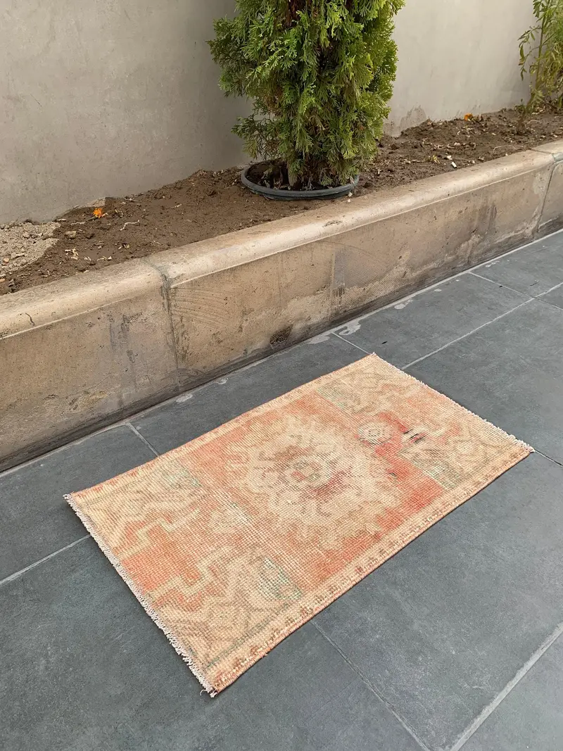 Turkish Small Rug, 1.5x2.6 ft Vintage Rug, Orange Solid Wool Rug - 1