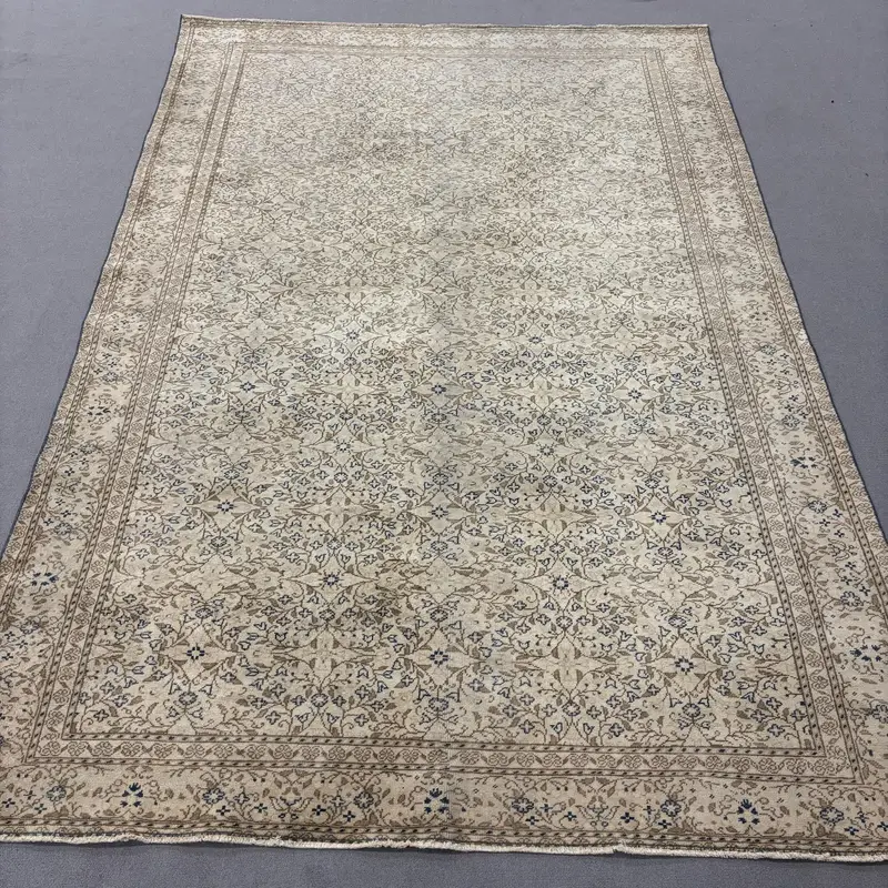 Vintage Halı, 6.3x9.5 ft Türk Halısı, Kahverengi Mavi Çiçekli Yün Halı - 1