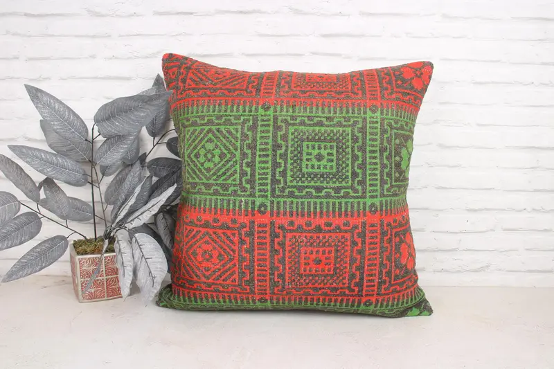 Accent Throw Pillow, Vintage Pillow, Pillow Case, Garden Pillow Case, Throw Kilim Pillow, Pillow for Couch, 24x24 Green Cushion Case - 1