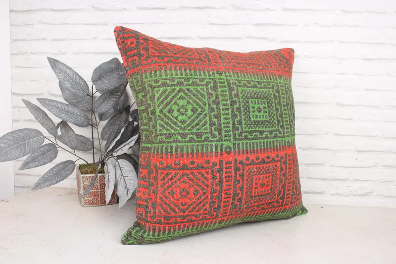 Accent Throw Pillow, Vintage Pillow, Pillow Case, Garden Pillow Case, Throw Kilim Pillow, Pillow for Couch, 24x24 Green Cushion Case - 3