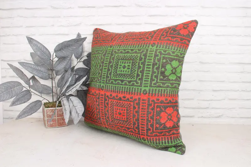 Accent Throw Pillow, Vintage Pillow, Pillow Case, Garden Pillow Case, Throw Kilim Pillow, Pillow for Couch, 24x24 Green Cushion Case - 4