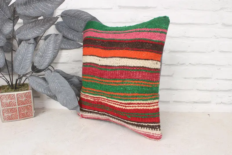 Cushion, Wool Kilim Pillow Cushion, 14x14 Red Pillow Case, Vintage Kilim Pillow, Turkish Pillow, Vintage Kilim Throw Pillow - 4