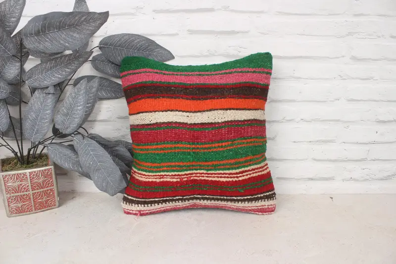 Cushion, Wool Kilim Pillow Cushion, 14x14 Red Pillow Case, Vintage Kilim Pillow, Turkish Pillow, Vintage Kilim Throw Pillow - 1