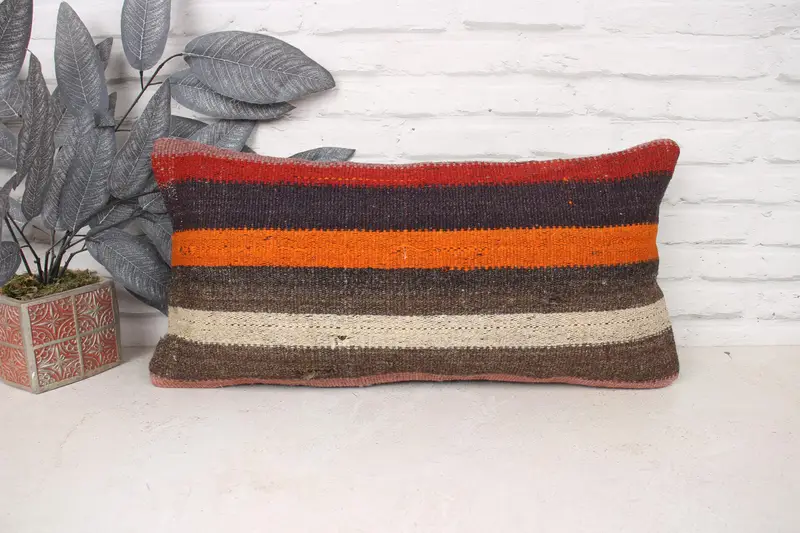 Kilim Cushion Sham, Home Decor Pillow, Cushion Case, 12x24 Orange Pillow Case, Interior Designer Pillow, Vintage Cushion Cover - 1