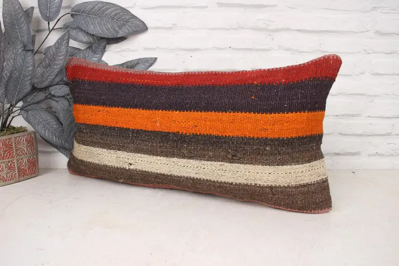 Kilim Cushion Sham, Home Decor Pillow, Cushion Case, 12x24 Orange Pillow Case, Interior Designer Pillow, Vintage Cushion Cover - 4