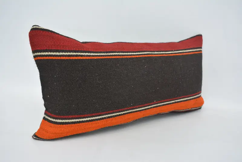 Brown & Orange Embroidered Throw Pillow, 12x24 Inches, Geometric Pattern - 3