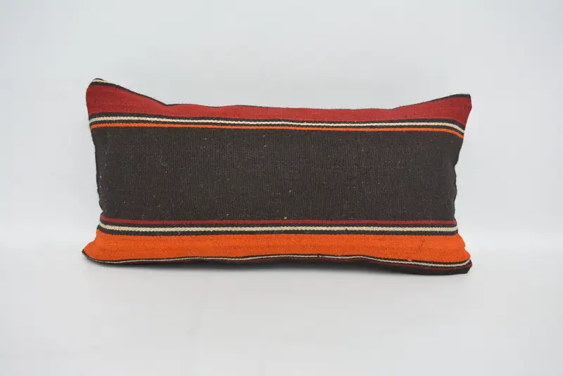 Brown & Orange Embroidered Throw Pillow, 12x24 Inches, Geometric Pattern - 1