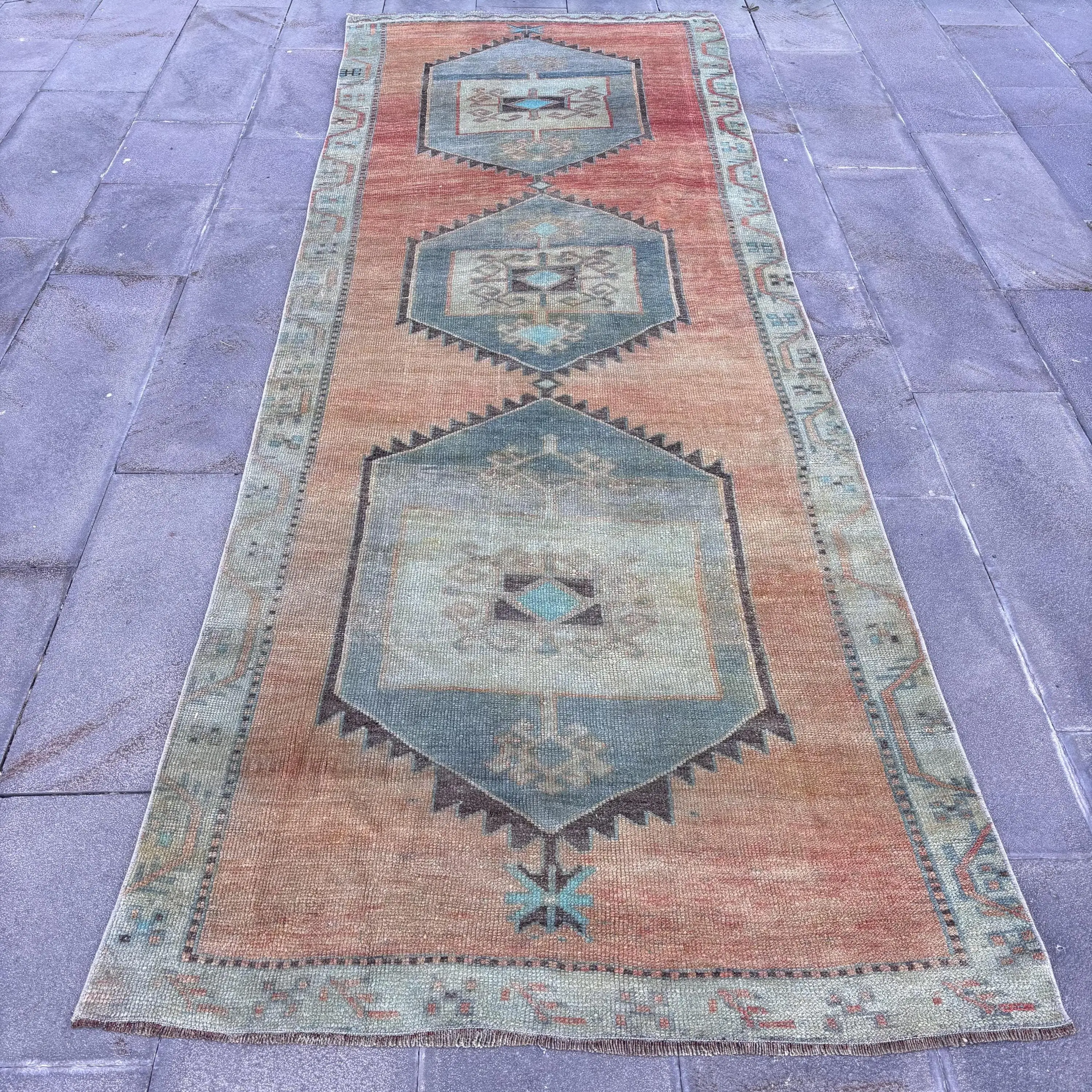 Turkish Vintage Rug 3.8x10.8 ft, Red Runner Wool Rug - 1