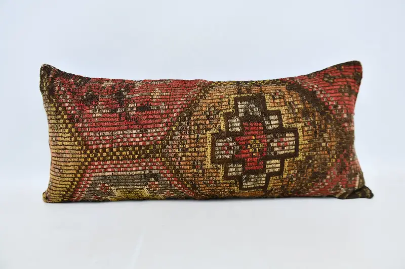 Pillow Sham, Vintage Pillow, Bolster Throw Pillow Case, Pillow for Sofa, Kilim Cushion Sham, Patio Pillow Case, 16x36 Red Cushion Case - 1