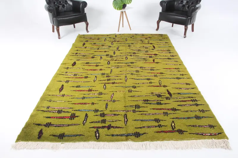6.5x9.8 ft Large Turkish Rug, Vintage Rug, Green Red Striped Wool Rug - 1