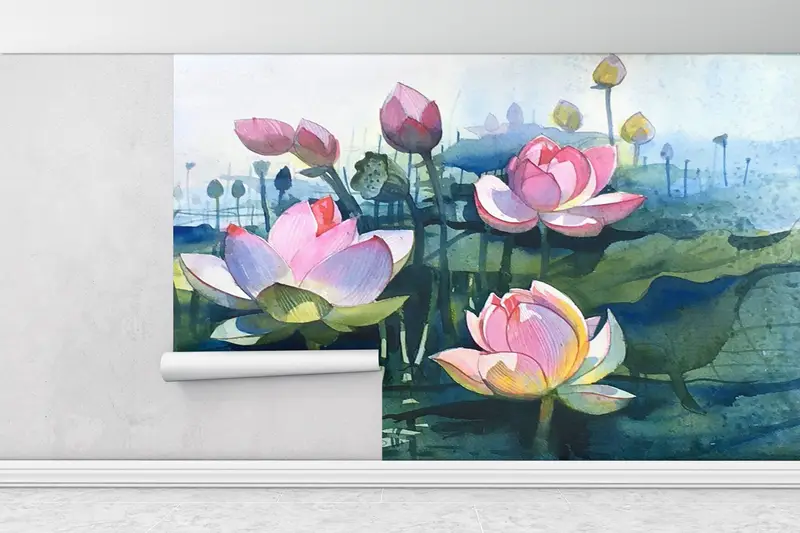 Watercolor Flower Wall Decor, Floral Wallpaper, Contemporary Wall Mural, Abstract Lotus Wall Decor, Flower Wall Print, - 8