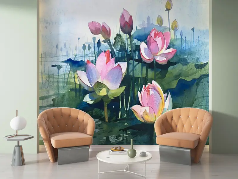 Watercolor Flower Wall Decor, Floral Wallpaper, Contemporary Wall Mural, Abstract Lotus Wall Decor, Flower Wall Print, - 2