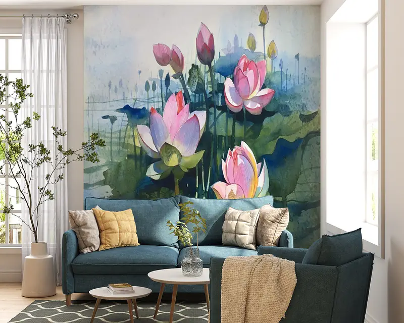 Watercolor Flower Wall Decor, Floral Wallpaper, Contemporary Wall Mural, Abstract Lotus Wall Decor, Flower Wall Print, - 4