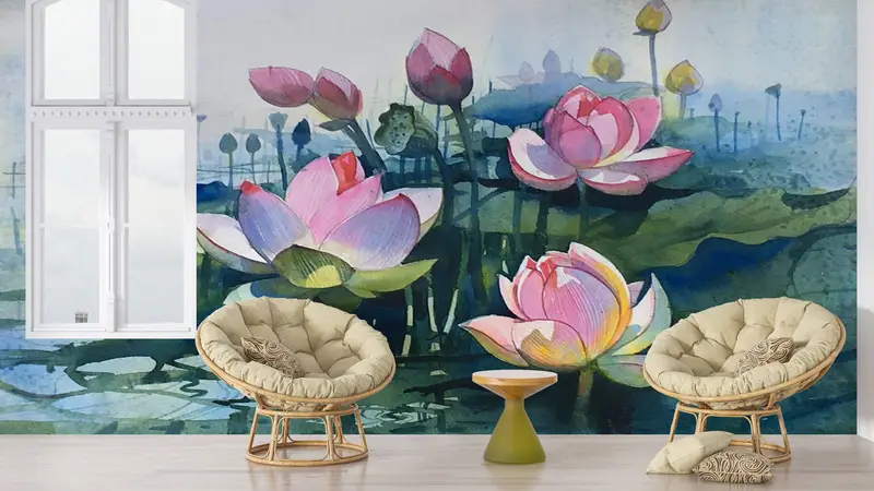 Watercolor Flower Wall Decor, Floral Wallpaper, Contemporary Wall Mural, Abstract Lotus Wall Decor, Flower Wall Print, - 9