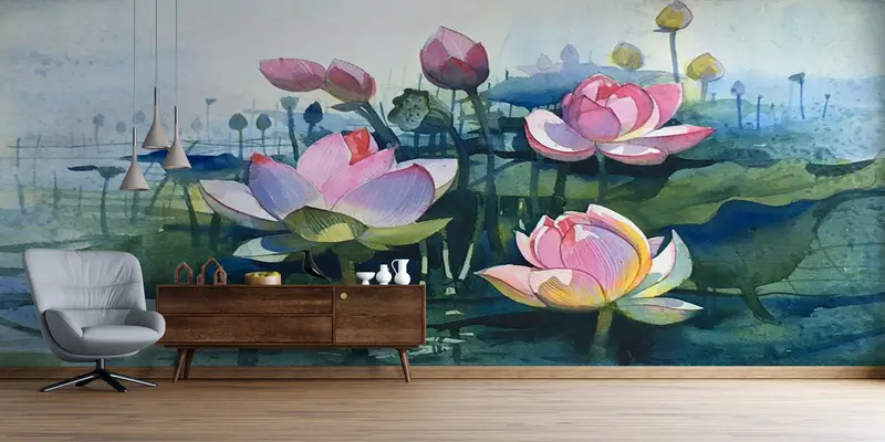 Watercolor Flower Wall Decor, Floral Wallpaper, Contemporary Wall Mural, Abstract Lotus Wall Decor, Flower Wall Print, - 1