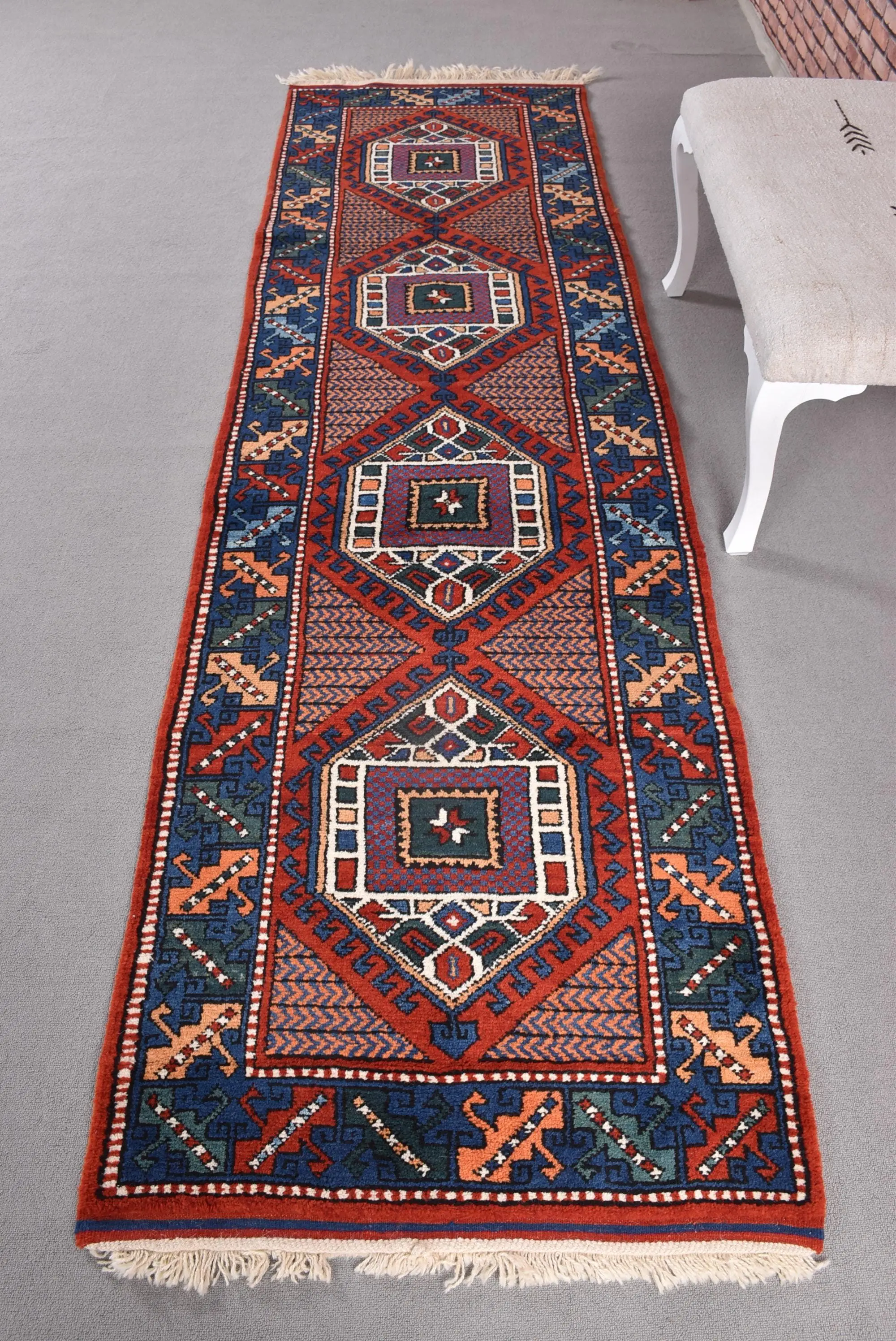 Vintage Runner Rug 2.9x10.1 ft, Red Blue Abstract Rug Wool - 1