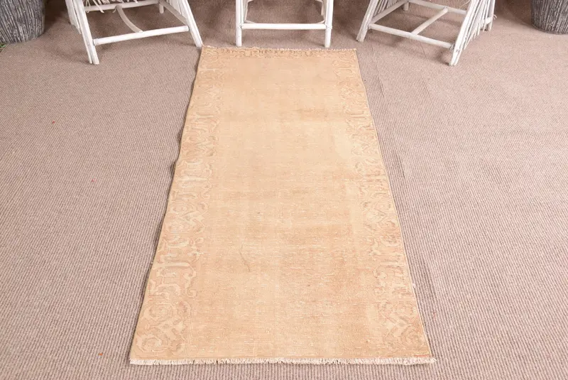 Vintage Türk Halısı, 2.6x6.5 ft Büyük Boy Halı, Bej Oushak Bitkiler ve ağaçlar Halı - 1