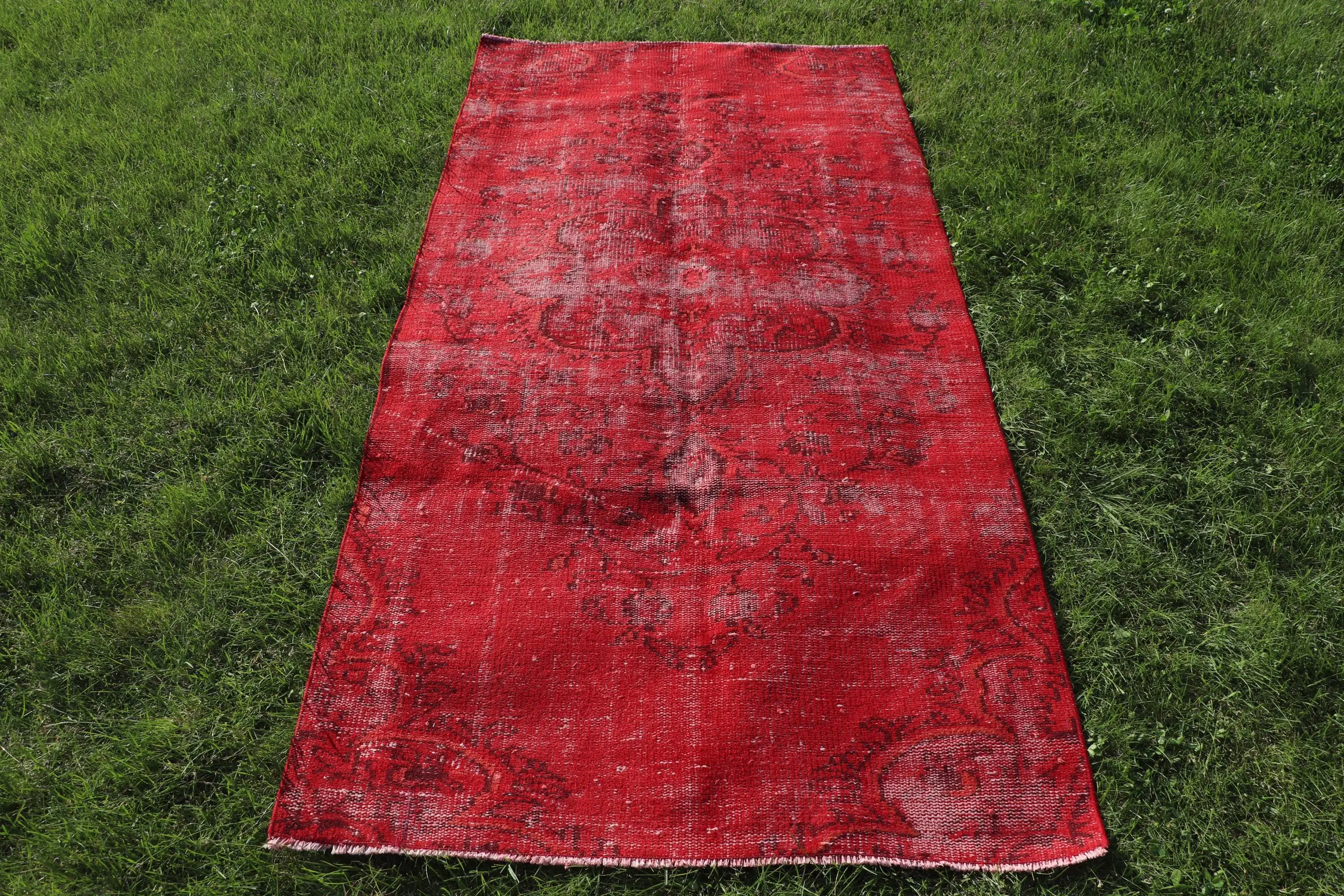 Vintage Halı, 3.3x6.7 ft Türk Halısı, Kırmızı Siyah Kamuflaj Yün Halı - 1