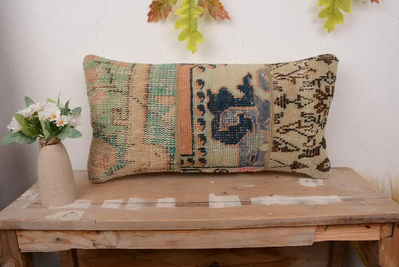 Blue & Orange Patchwork Throw Pillow, 12x24 Handmade Rectangle Pillow