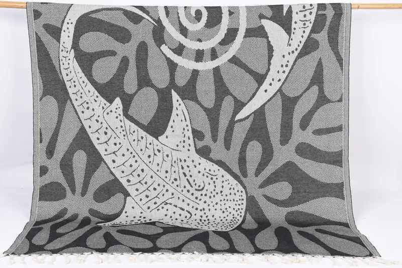 Black Whale Design Beach Towel Organic Cotton, 70x40 Inches