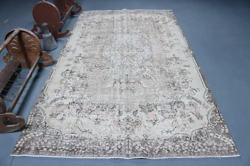 Türk Oushak Büyük Halı 5.7x10 ft (173x306 cm), Vintage Gri Fas Yün Halısı - 1