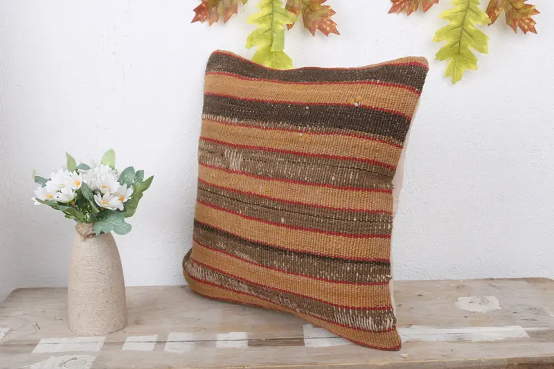 14x14 Brown Cushion Cover, Turkish Kilim Pillow, Kilim Pillow, Boho Pillow, Turkish Rugs Cushion, Crochet Pattern Cushion Cover, Pillow Sham - 4