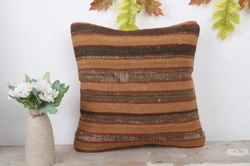 14x14 Brown Cushion Cover, Turkish Kilim Pillow, Kilim Pillow, Boho Pillow, Turkish Rugs Cushion, Crochet Pattern Cushion Cover, Pillow Sham - 2