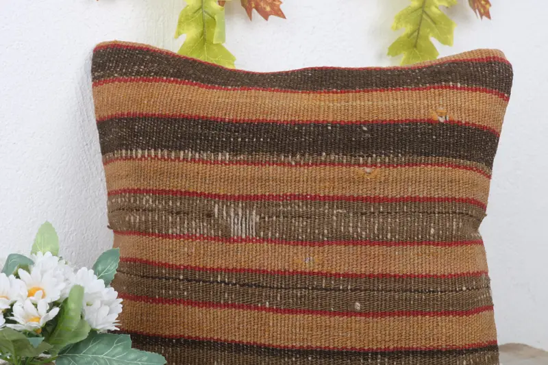 14x14 Brown Cushion Cover, Turkish Kilim Pillow, Kilim Pillow, Boho Pillow, Turkish Rugs Cushion, Crochet Pattern Cushion Cover, Pillow Sham - 5