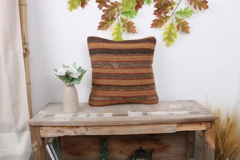 14x14 Brown Cushion Cover, Turkish Kilim Pillow, Kilim Pillow, Boho Pillow, Turkish Rugs Cushion, Crochet Pattern Cushion Cover, Pillow Sham - 1