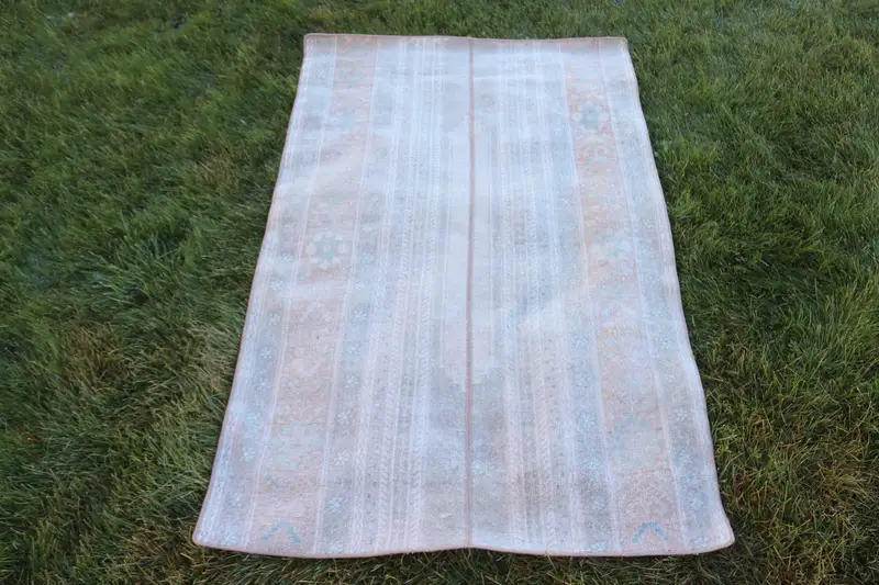 Vintage Turkish Rug, 3.1x4.8 ft Small Rug, White Blue Solid Rug - 1