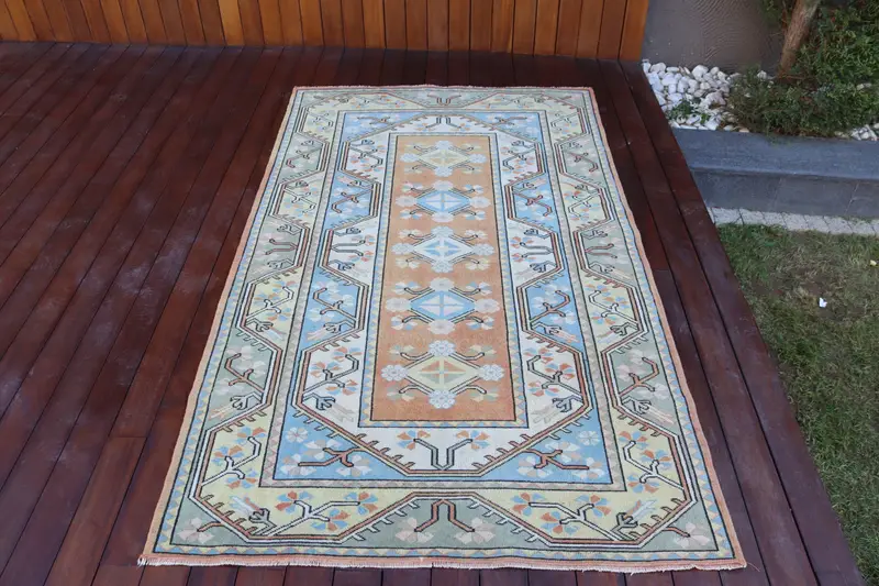 3.9x6.7 ft Rug, Turkish Vintage Rug, Blue Oushak Wool Rug - 1