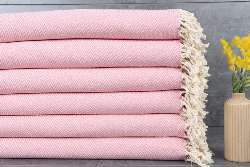 Organic Turkish Beach Towel Chevron Pink, 40x71 Inches, Beige
