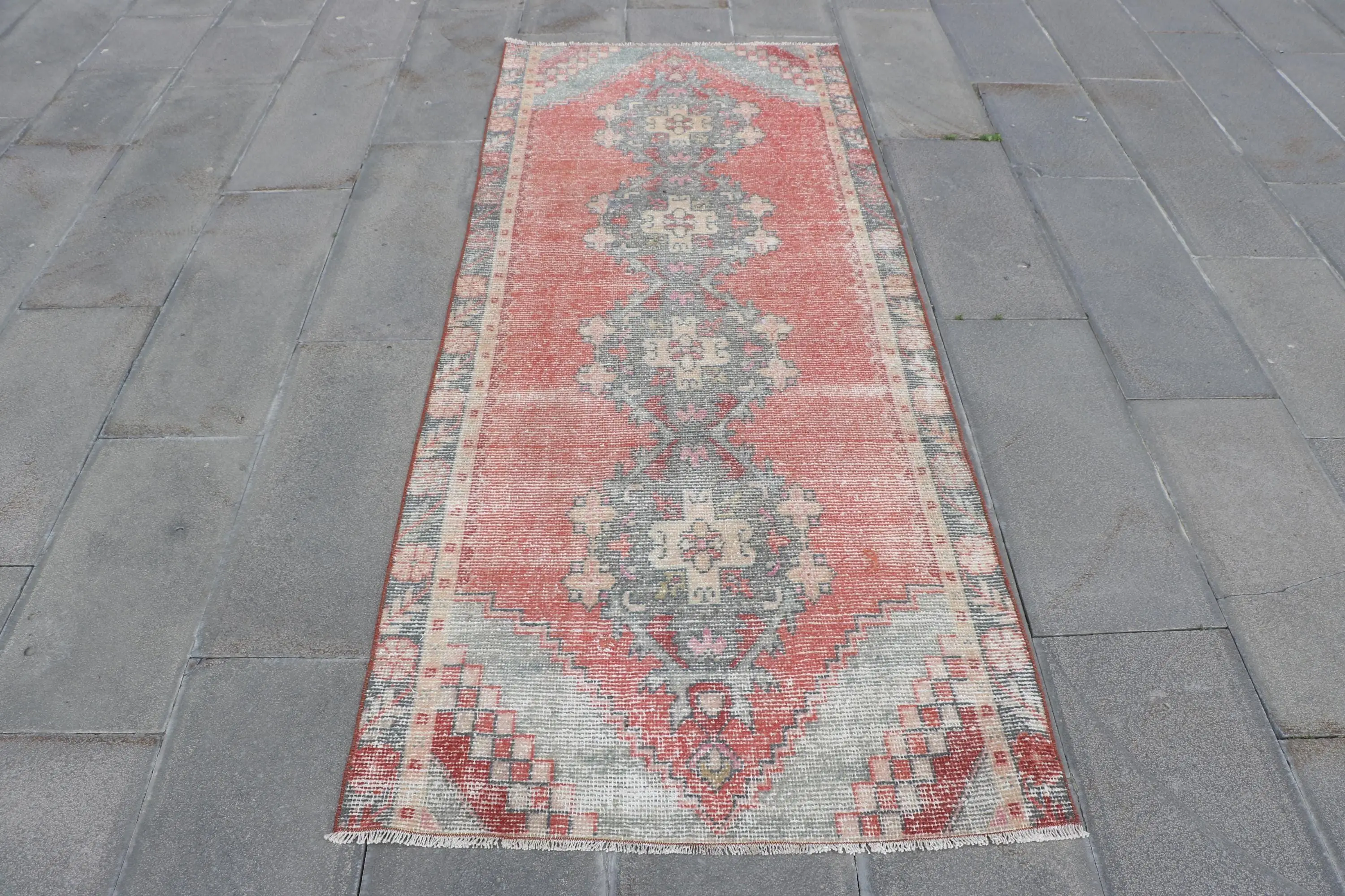 3.1x7.4 ft Vintage Halı, Türk Vurgulu Halı, Kırmızı Gri Halı - 1